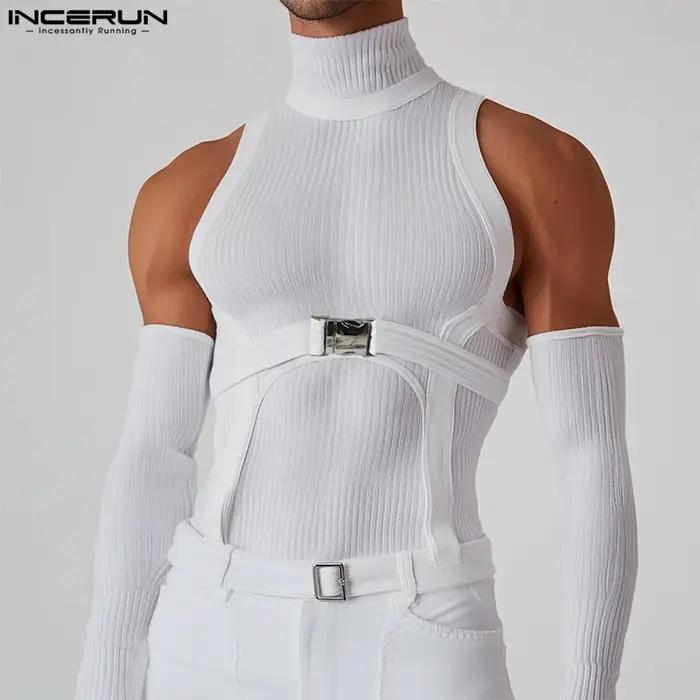 INCERUN hommes t-shirts Patchwork col roulé épaules dénudées à manches longues décontracté hommes vêtements Streetwear 2025 maigre Camisetas Sexy
