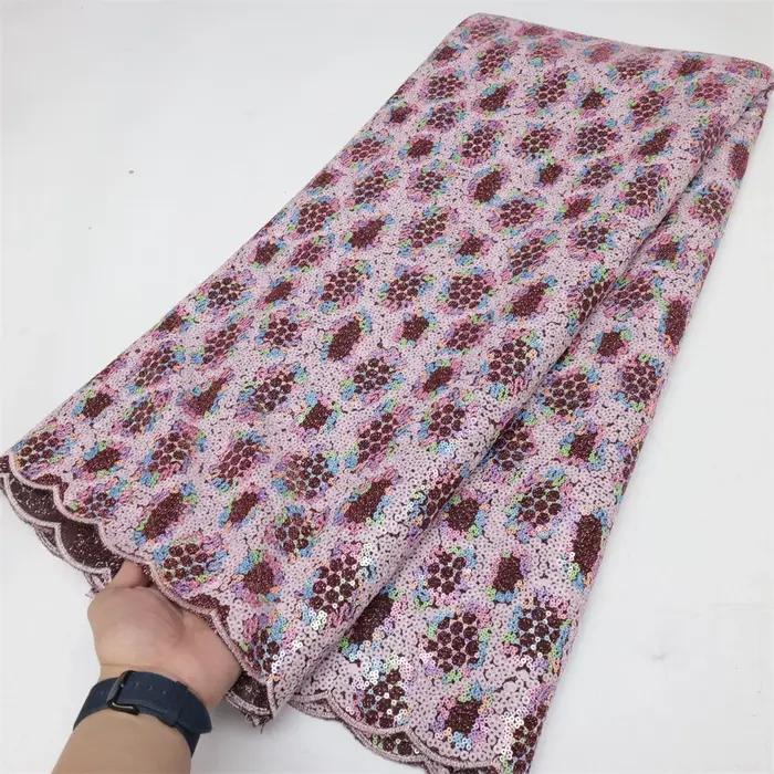Tissu de dentelle africaine à sequins 5 Yards 2026 – Matière de dentelle Asoebi nigériane de haute q