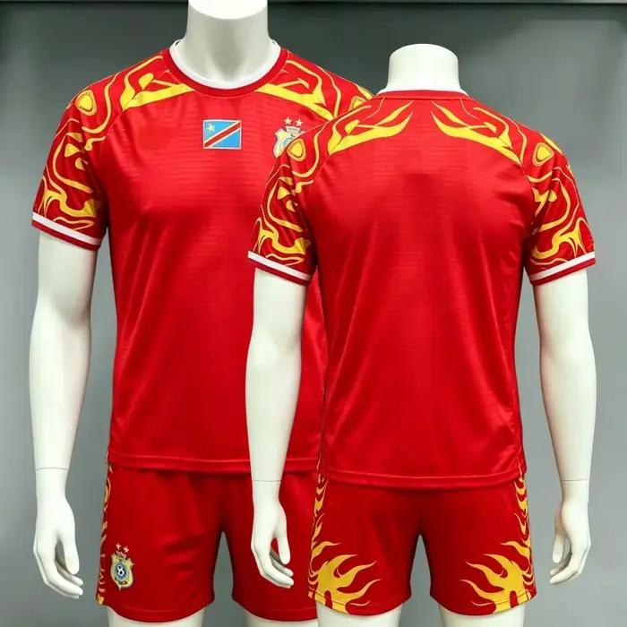 Ensemble de maillot de football DR Congo pour hommes, imprimé flamme rouge et jaune, léopards, respi