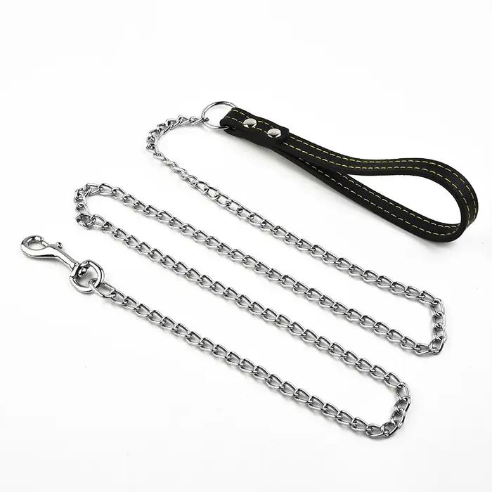 Chaîne en métal laisse pour chien poignée en cuir collier