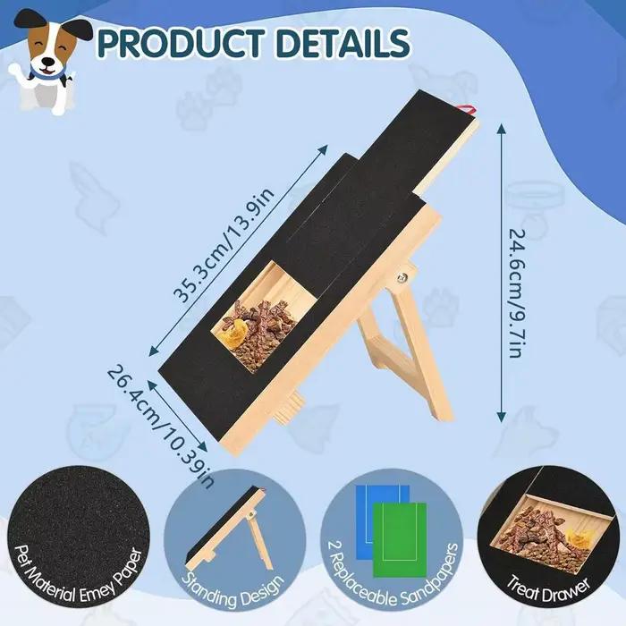 Grattoir en bois pour chiens avec boîte à friandises intégrée, plateau de coupe-griffes, surface en