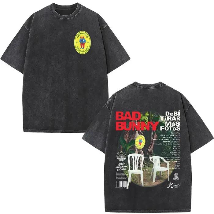 T-shirt vintage délavé Rapper Bad Bunny Debi Tirar Mas Fotos DTMF World Tour – T-shirts mode homme Hip Hop Streetwear