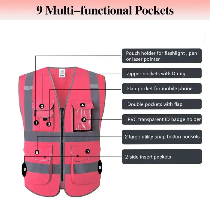 Gilet de travail rose pour hommes et femmes, gilet de sécurité haute visibilité avec poches et fermeture éclair, vêtements de travail de Construction, uniformes