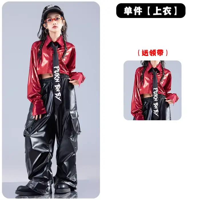Haut court rouge à manches longues, pantalon en cuir, Costume de danse Jazz, vêtements pour filles,