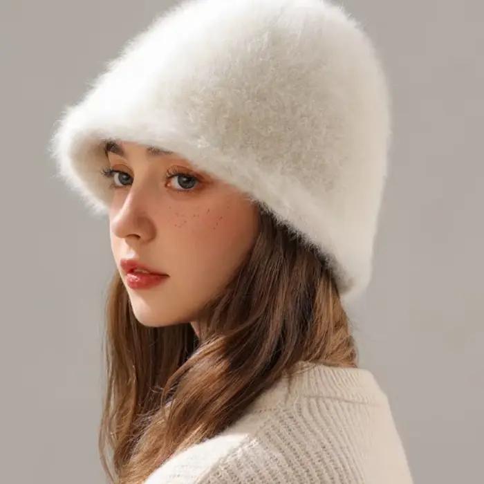Mode classique Angora lapin fourrure seau chapeau femmes tendance moelleux doux chaud chapeaux femme