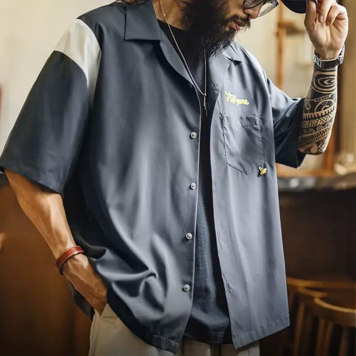 Chemise Maden pour homme, style rétro, col cubain brodé, tissée, légère, ample, décontractée, pour le quotidien, manches courtes, été