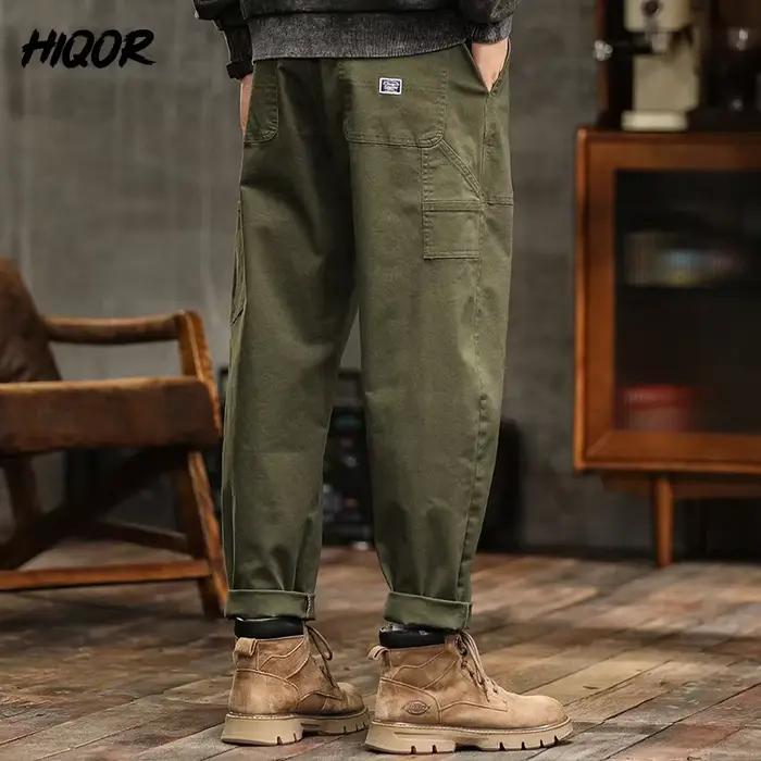 Pantalon cargo vintage américain homme - Haute taille vert armée pour style casual rétro