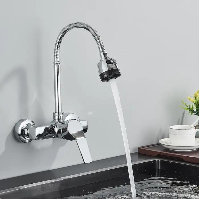 Robinet cuisine mural chromé 2 trous avec flexible 360° - Mitigeur eau chaude froide sans plomb à jet variable