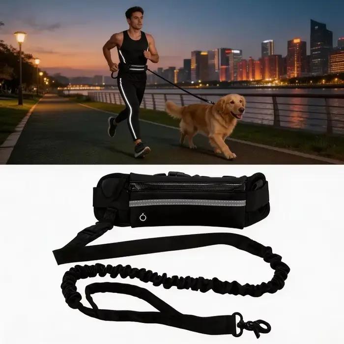 Laisse pour chien mains libres haute visibilité réfléchissante avec sac banane rétractable et élastique pour course et promenade occasionnelle et quotidienne