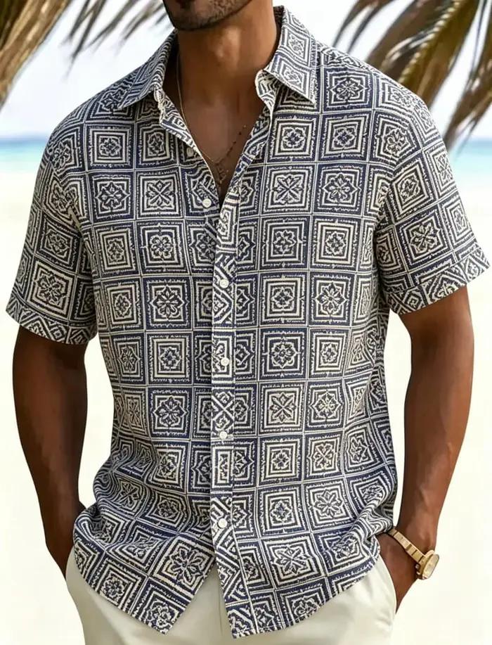 Chemise homme à manches courtes imprimée motif totem géométrique style décontracté pour été et quotidien