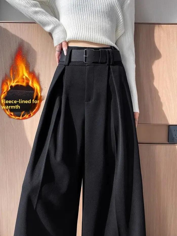 Pantalon large en laine gris pour femme, coupe droite, ample et fluide, longueur ras du sol, en molleton épais, idéal automne-hiver