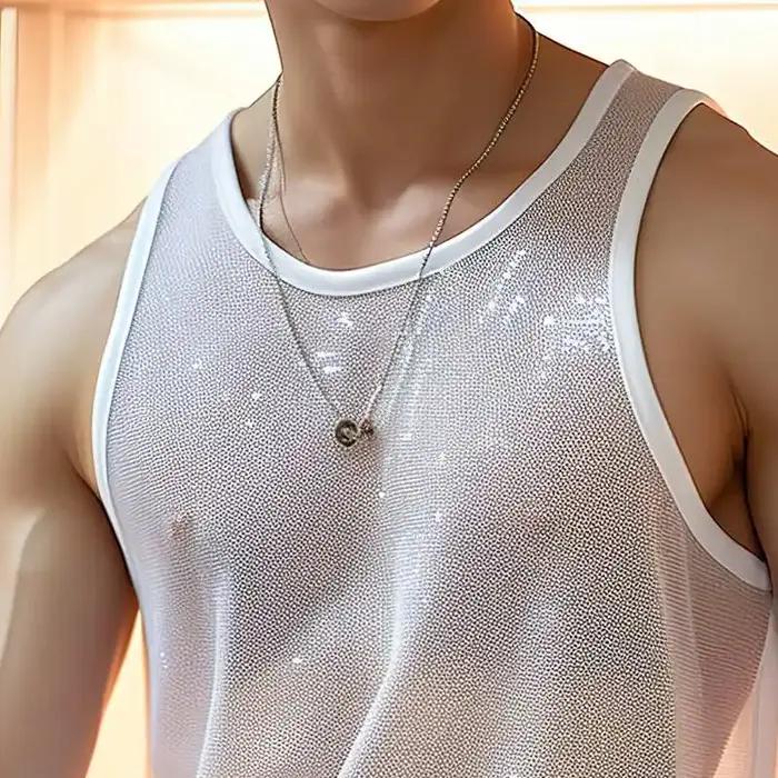 Débardeur transparent en tricot de luxe pour hommes, col rond, sans manches, maille, sexy, couleur unie, gilet respirant, vêtements de fête pour hommes, été
