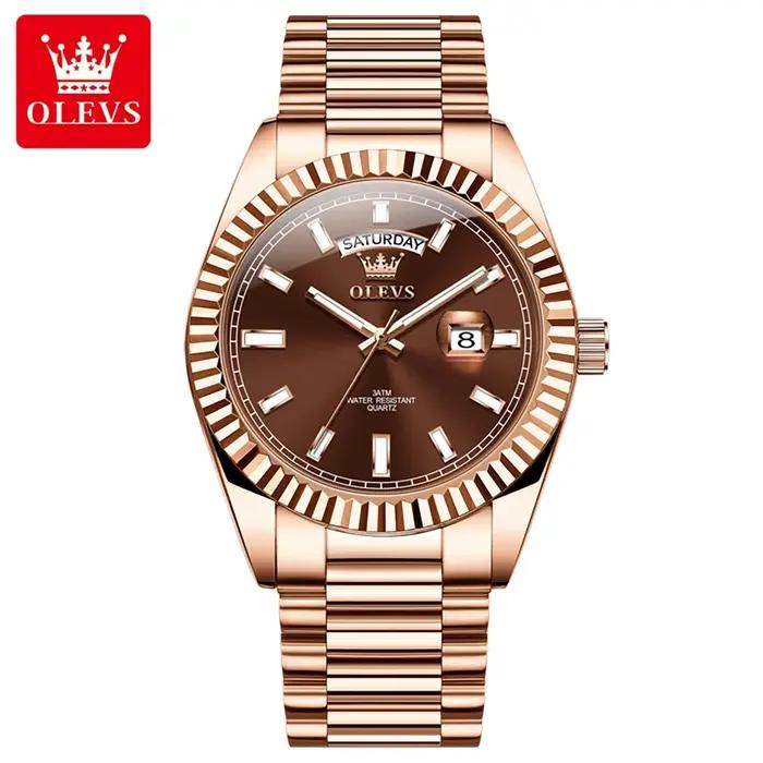 Montre homme luxe OLEVS or rose acier inox étanche avec affichage jour date pour chasseurs