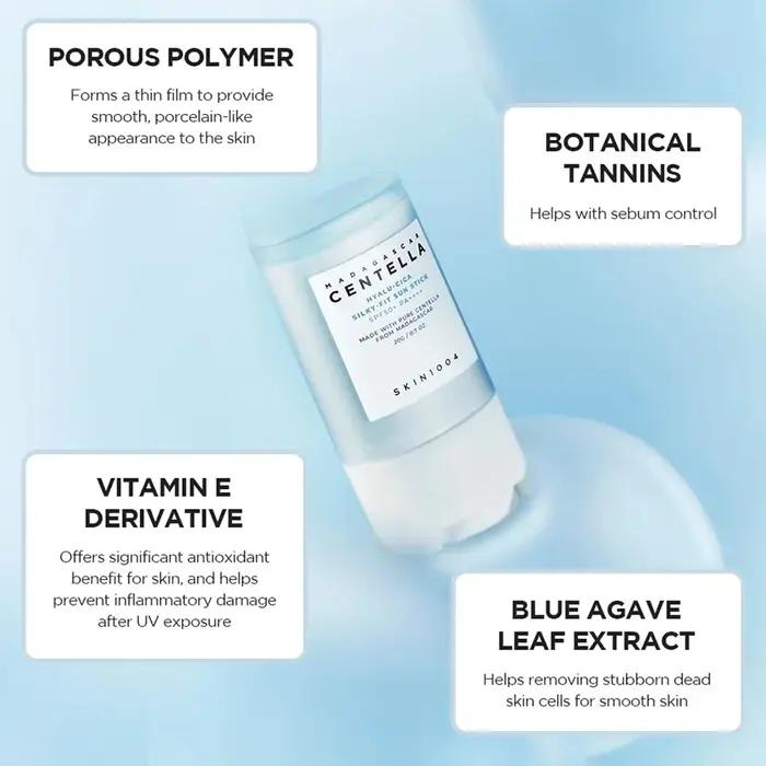 Stick solaire soyeux SKIN1004 Madagascar Centella Hyalu-Cica SPF50+ PA++++, protection solaire toute