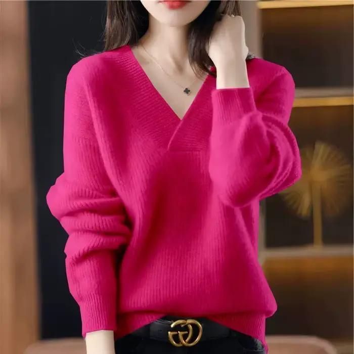 Pulls et pulls pour femmes, manches longues, col en v, couleur unie, décontracté, court, tricoté, no