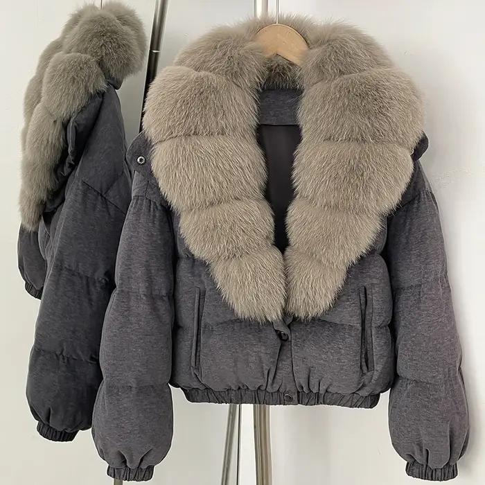 Manteau court en duvet de canard avec fourrure de renard véritable surdimensionné CXFS pour femme, nouvelle collection hiver, 100% coton, fourrure de raton laveur, doudoune pour femme
