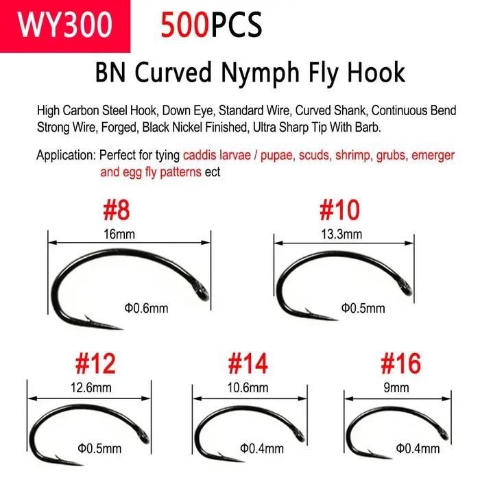 Bimoo 500 pièces en acier à haute teneur en carbone barbe sans ardillon pêche mouche crochet gabarit nymphe sec humide