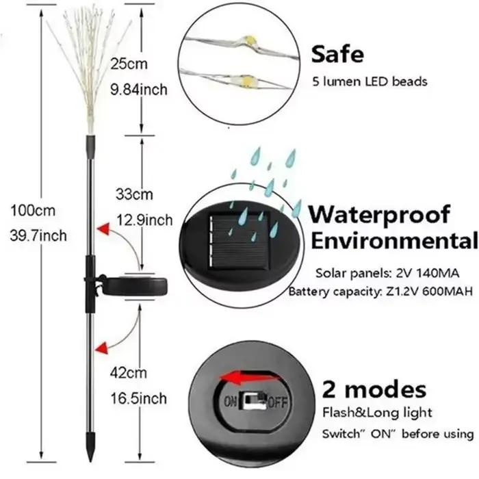 Feu d'artifice solaire LED, 1 pièce, fil de cuivre, guirlande lumineuse féerique de noël, lumière de