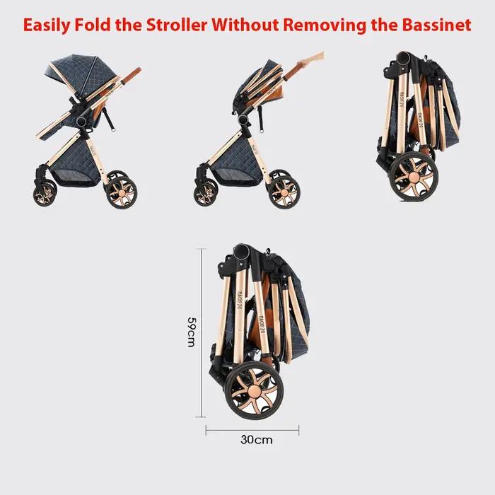 Poussette, landau et poussette 3 en 1 avec cadre en aluminium léger, roues lisses et design pliable