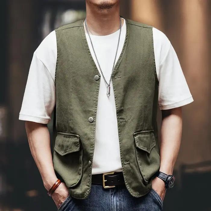 Gilet décontracté sans manches en jean rétro pour homme col en V couleurs classiques occasions quotidiennes et spéciales
