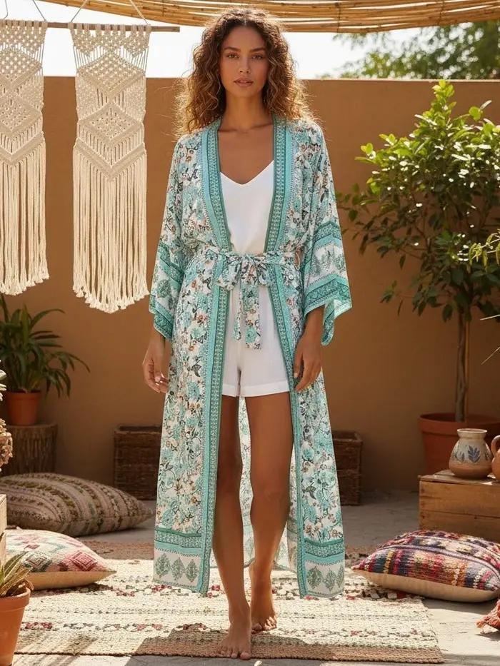 Kimono plage vintage fleuri jaune - Robe maxi manches chauve-souris - Couverture bikini bohème