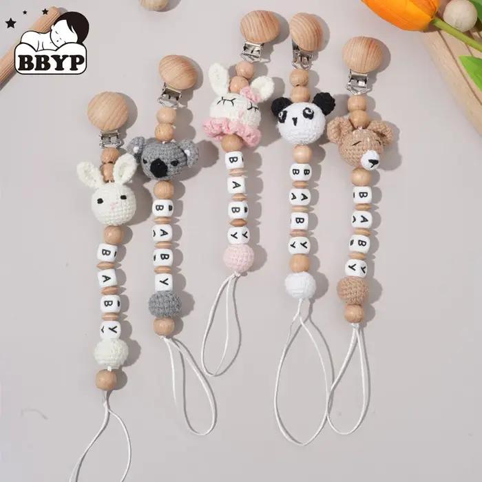 Attache sucette personnalisable crochet ours - Porte-tétine écologique hêtre sécurité bébé