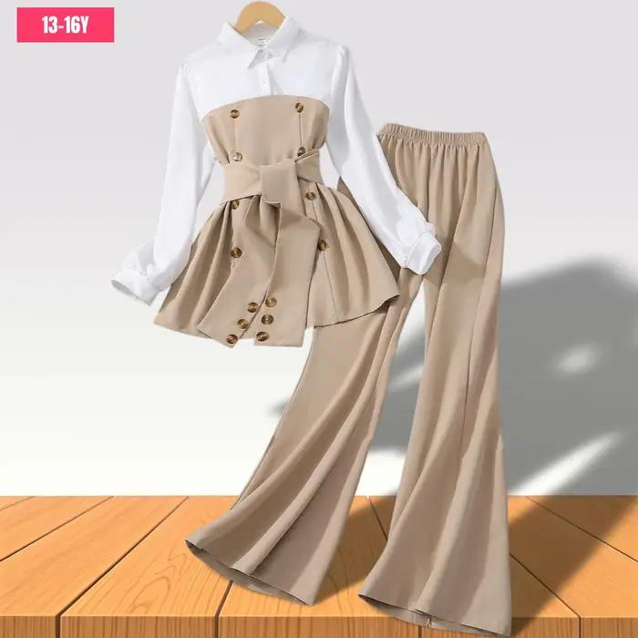 Ensemble de vêtements pour adolescentes, manches longues, couleur unie, ceinture, costume pour enfant, décontracté, élégant, confortable, tenues pour filles de 13 à 16 ans, printemps automne