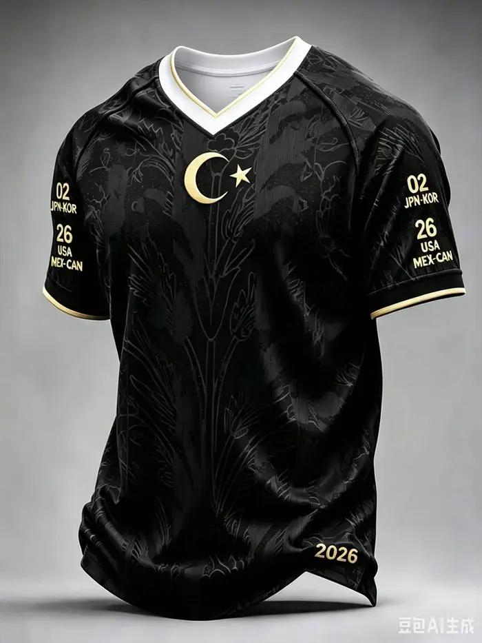 Nouveau Maillot de Foot Turquie 2026 Noir Imprimé Croissant d'Or Étoile Col V Manches Courtes Haut U