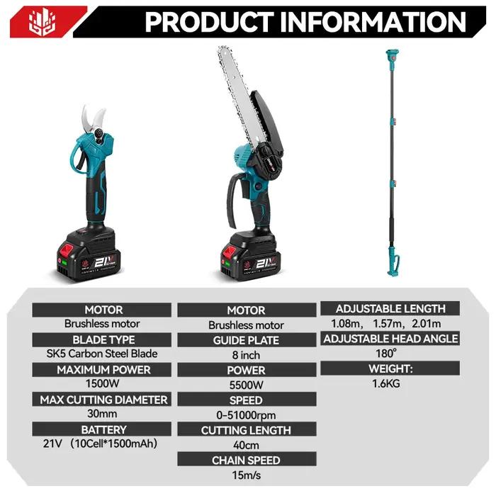 Cisaille électrique télescopique sans fil ONEVAN 4 en 1, outil de taille pour branches hautes, compatible avec batterie Makita 18V.