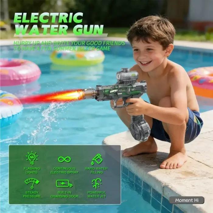 Pistolet à eau électrique rotatif puissant avec lumière LED, jouet de tir aquatique pour enfants, idéal pour l'été et les jeux de plage en extérieur