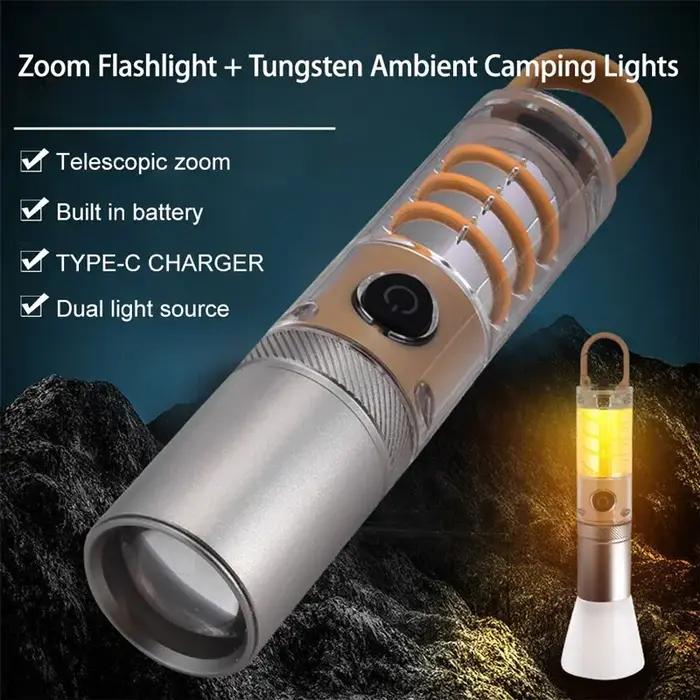 Lampe de poche LED en tungstène, double Source, Zoom télescopique, étanche, pour Camping en plein ai