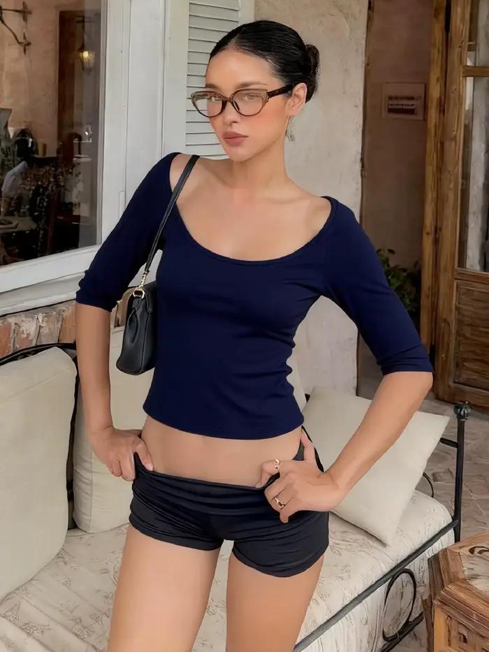 Dulzura automne dernière solide col en U demi manches coupe ajustée T-Shirt femmes casual polyvalent Y2K haut fête Club