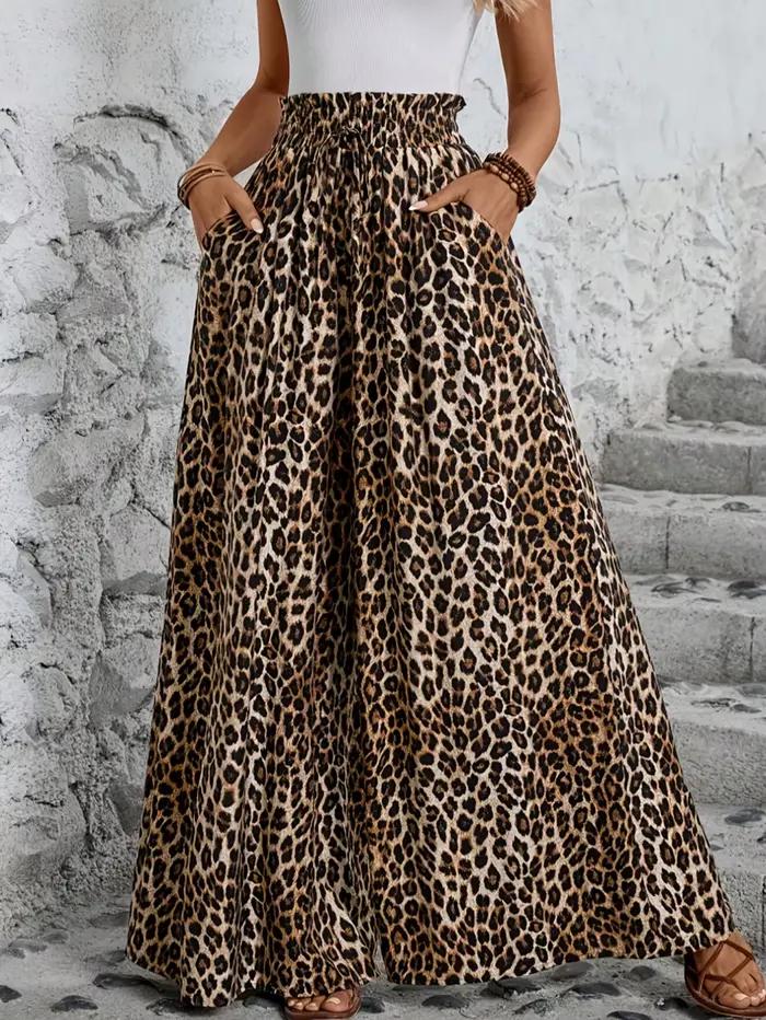 Pantalon à jambes larges imprimé léopard pour femmes taille haute confortable toutes saisons