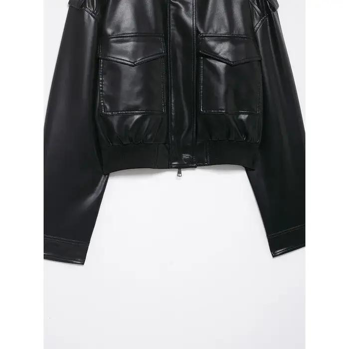 DUOPERI femmes mode avec poches PU noir vestes haute rue col haut manches longues manteaux femme élé
