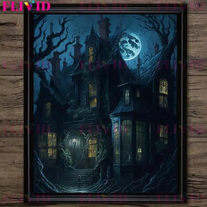 Toile d'Art Mural Vintage Impression sur Toile avec Château Hanté sous la Lune Gothisme et Design Abstrait pour Décoration Intérieure Occasions Spéciales
