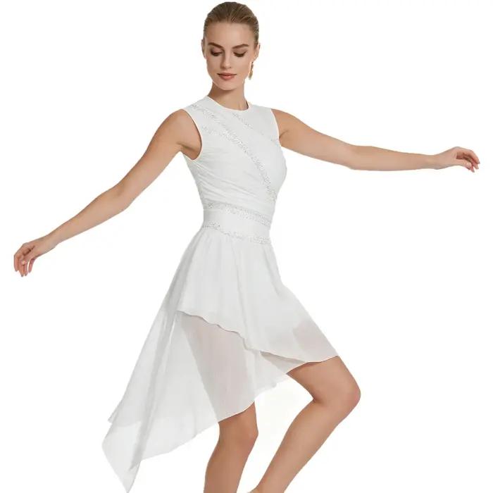 Femmes brillant strass robe de patinage artistique justaucorps de gymnastique Costume maille transparente Ballet Tutu