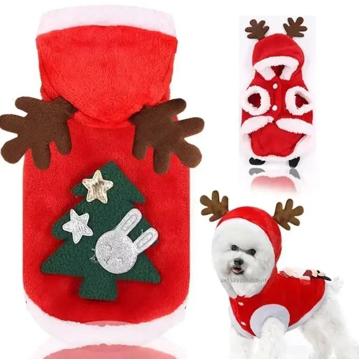 Costume de noël pour chien, sweat à capuche rouge festif avec bois, tenue pour animaux de compagnie,