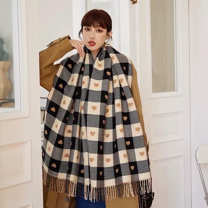 1 écharpe à motifs de cœur pour femmes, écharpe confortable à carreaux pour femmes, écharpe châle ép