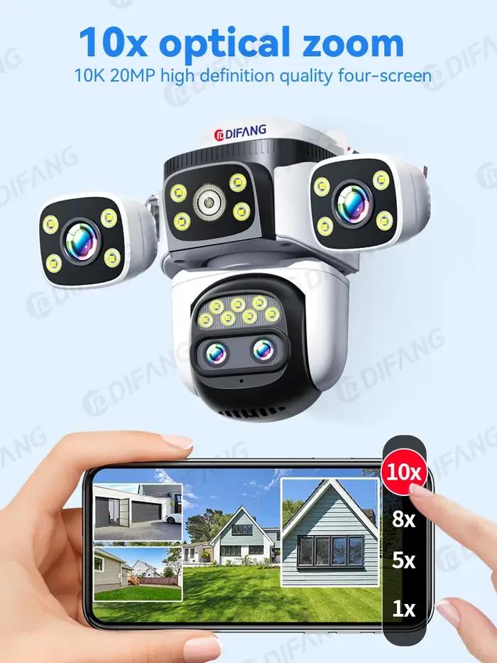 Caméra Sécurité Extérieure WiFi6 20MP Zoom Optique 10X 4 Lentilles 3 Écrans Tracking Auto 6K Double Objectif Étanche