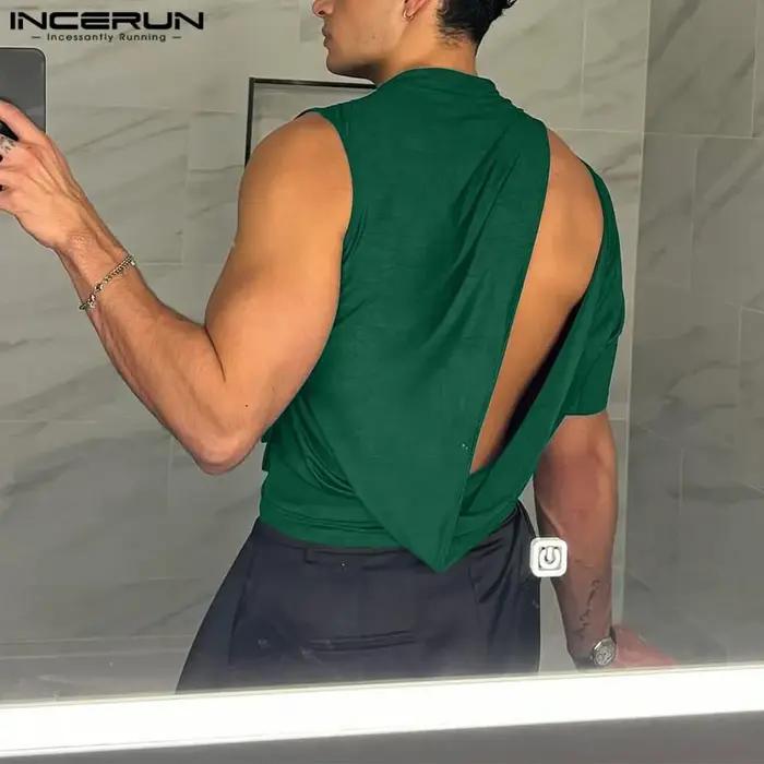 INCERUN hommes t-shirts irréguliers couleur unie col rond une manches courtes plissé hommes vêtements Streetwear 2025 évider Camisetas
