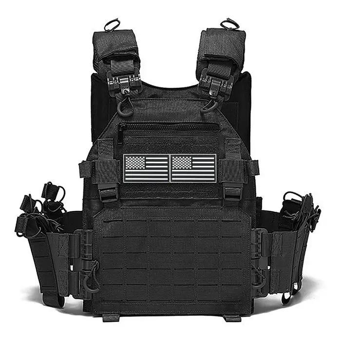Gilet de chasse multifonctionnel noir avec autocollant drapeau national, adapté aux sports de plein