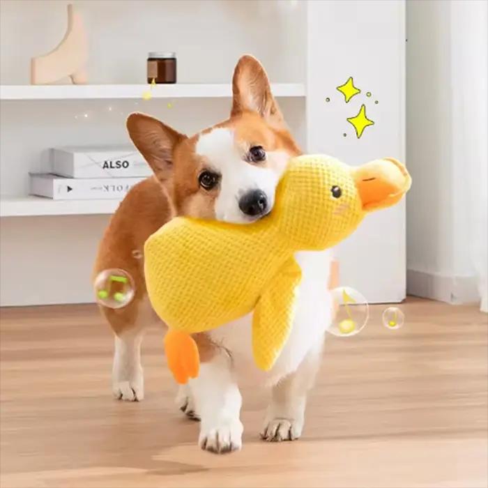 Peluche interactive Hot Dog avec jouets de canard pour soulager l'ennui des petits chiots, poupée en peluche à câliner en forme de canard jaune