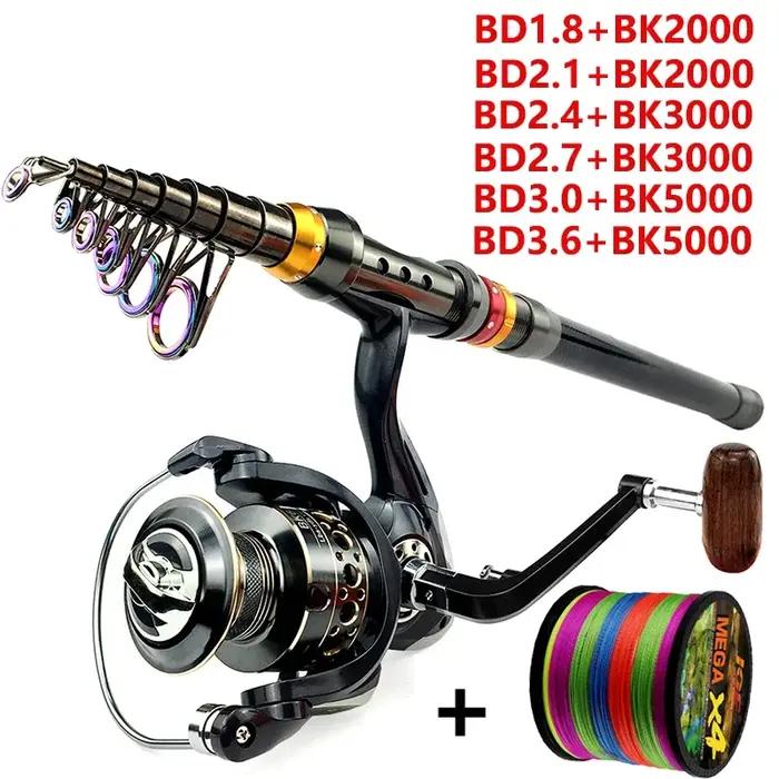 Combo canne moulinet pêche spinning 1.8-3.6m carbone - Ratio 5.2:1 kit ligne pour barbeau carpe