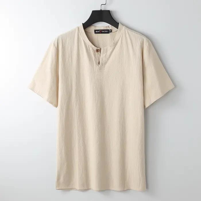 T-shirts en coton et lin à manches courtes pour hommes, grande taille, mode estivale, couleur unie,