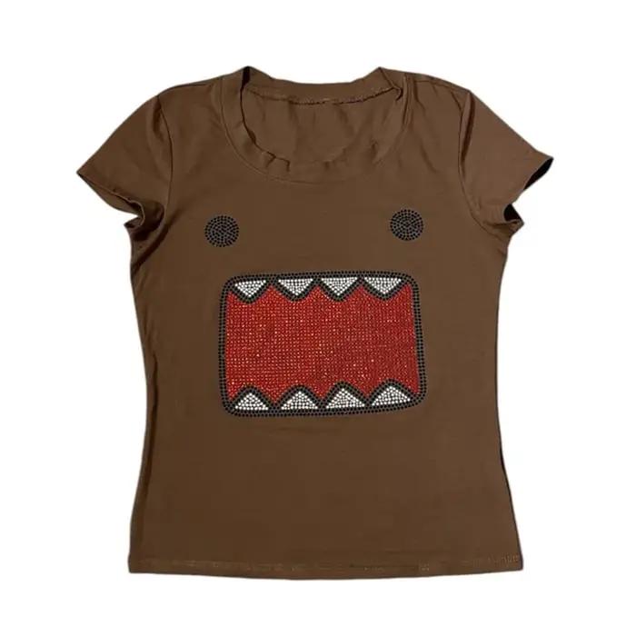 2025 été nouvelles femmes Y2K fille rétro chaud Fix strass Application col rond haut T-shirt drôle Vintage Tama Jun