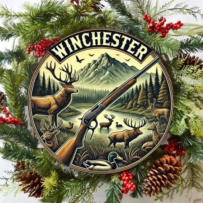Winchester – panneau mural rond en métal d'inspiration vintage, scène de chasse rustique avec cerf e