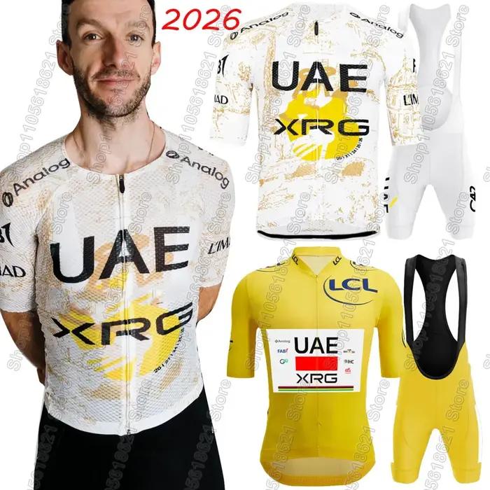 Ensemble de maillot de cyclisme Tour de France 2026 Équipe Émirats Arabes Unis Champion du Monde Tadej Pogačar – Maillot et Cuissard de Cyclisme VTT Points Jaunes