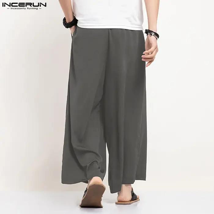 INCERUN hommes pantalons à jambes larges couleur unie jogging ample taille élastique pantalon hommes