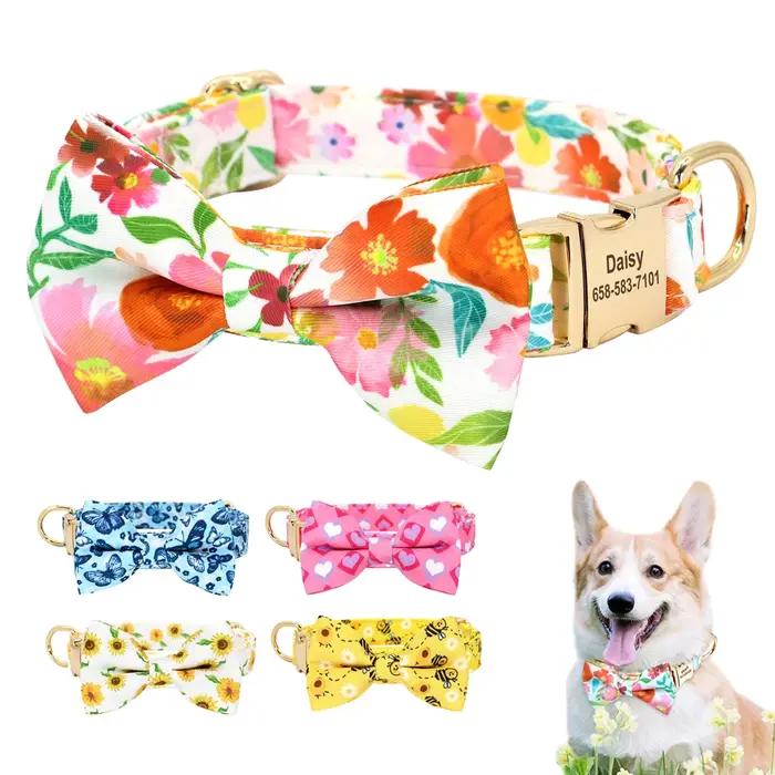 Collier de chien personnalisé imprimé pour fille avec nœud papillon floral