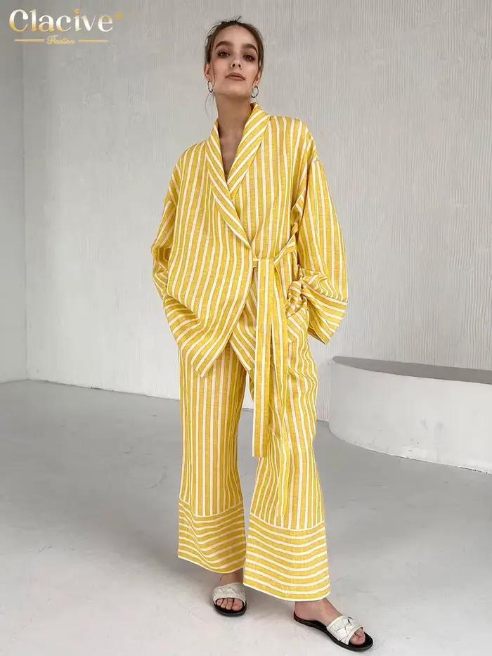 ClacMarkets-Costumes de maison à rayures jaunes décontractés pour femmes, ensemble 2 pièces, chemise